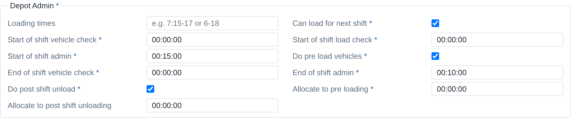 The depot section of a site record in Optrak: loading times, whether the depot can load for the next shift, start-of-shift vehicle check, load check and admin, end-of-shift vehicle check and admin, whether the depot pre-loads vehicles and unloads them after the shift, and the time allocated to each.