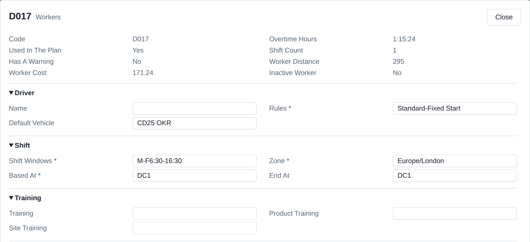 A driver's record in Optrak: the rules they work to, a default vehicle, shift windows of Monday to Friday 06:30 to 16:30, the depot they start and finish at, and fields for general, product and site training; above them, what the current plan gives this driver — cost, overtime, shifts and distance.